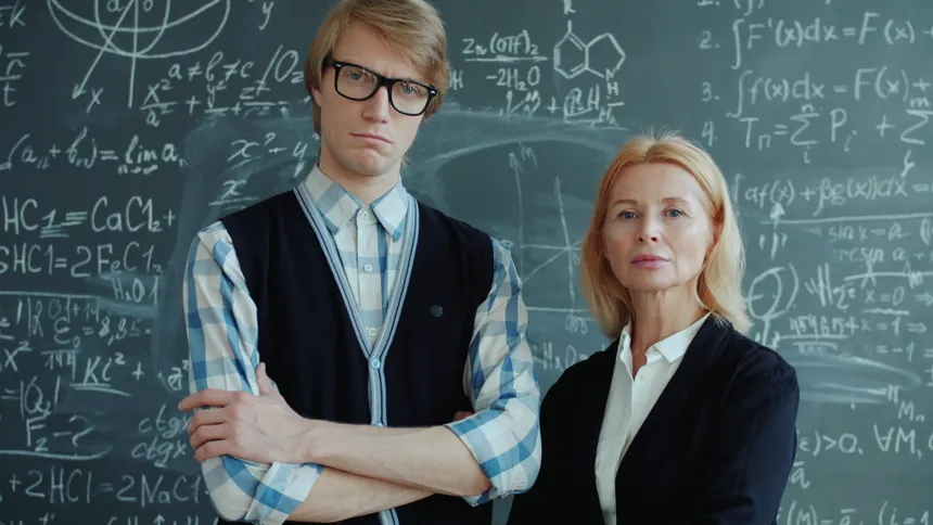 Two teachers standing confidently in front of a blackboard filled with math equations.