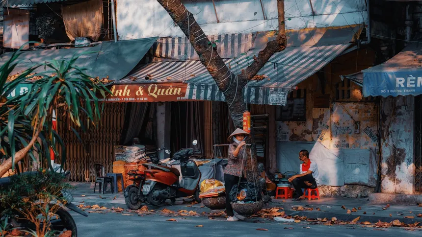 Vibrant street market in Hanoi, Vietnam showcasing local life and traditional shops.